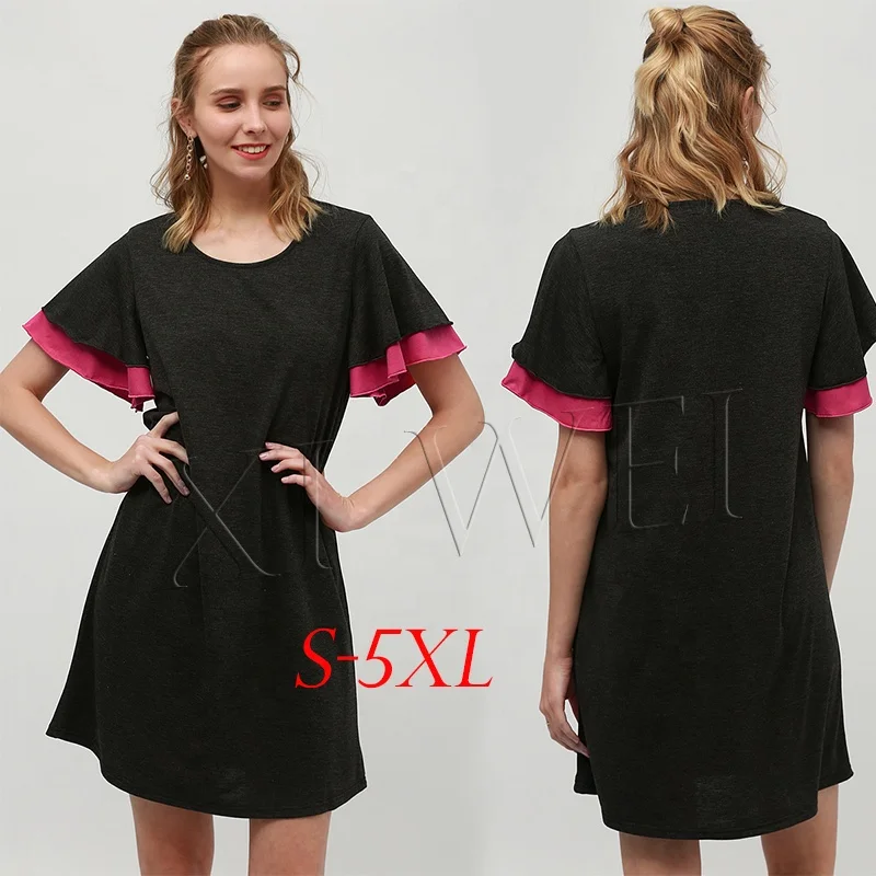 

2021 new knitted customizable stitched flare sleeve medium length women home wear clothes casual T-shirt black dress pajama