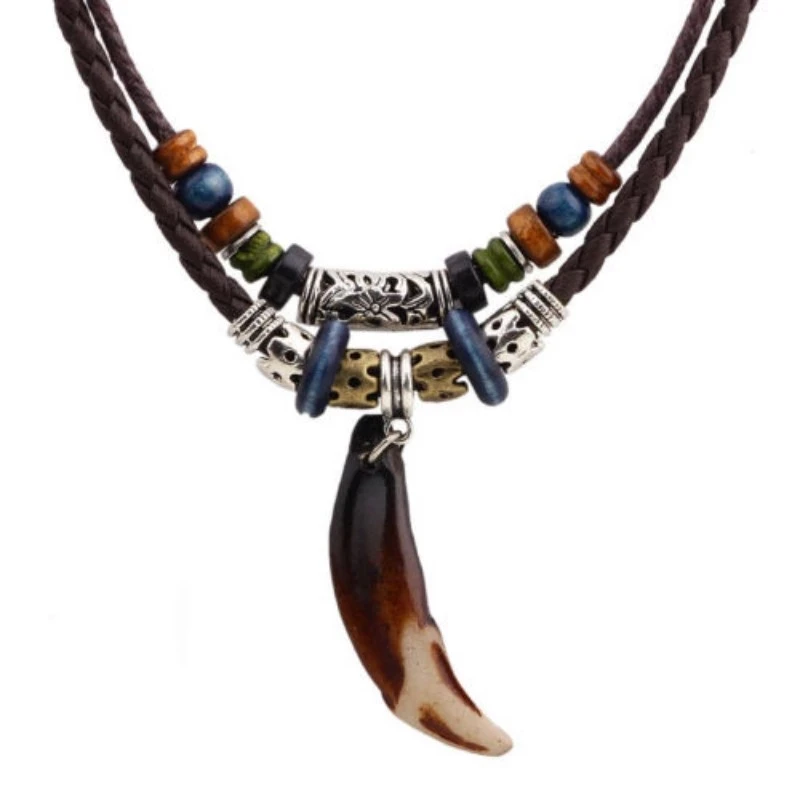 

Vintage Men's Wolf Tooth Pendant Leather Beaded Weaved Prayer Necklace Jewelry Punk Gothic Wolf Tooth Men Necklace, As picture
