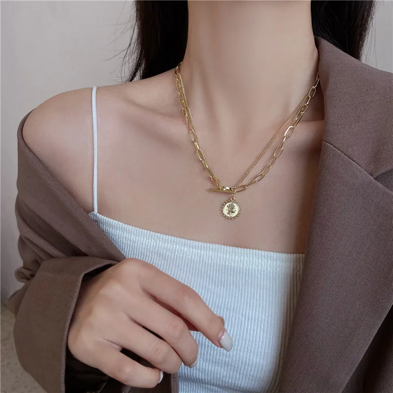 

European and American temperament double-layer necklace female personality simple beauty head pendant ins cold wind niche clavic