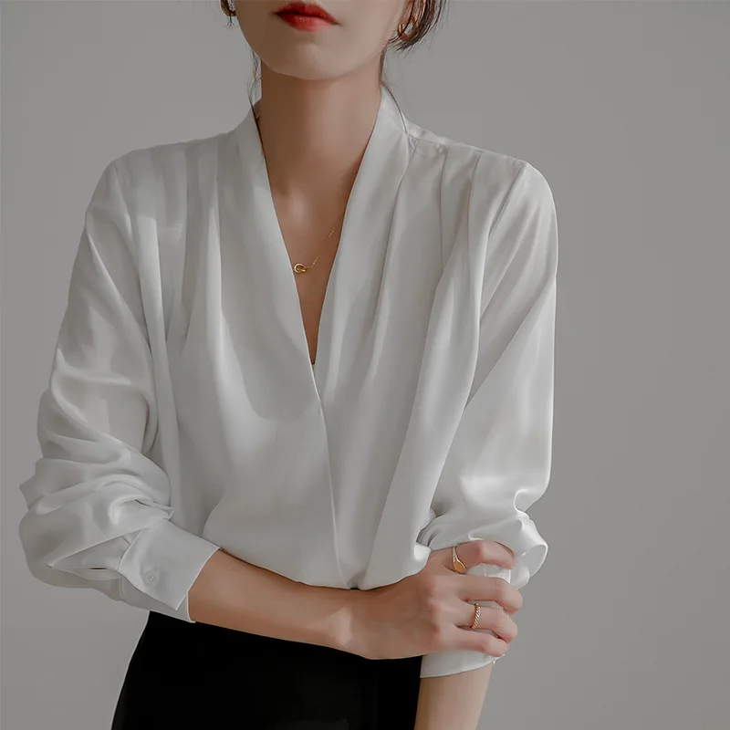 Boutique Wholesale 2026 Spring White Shirt Women's Long-sleeved French Design Niche Retro Silk Top Professional Satin Shirt