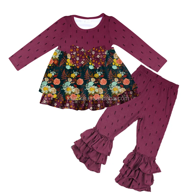 

Wholesale Price Girl Fall Ruffle Outfit Long Sleeve Floral Children Boutique Outfit With Bow, Picture