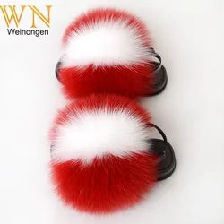 New Women Real Raccoon Fur Slides Sandals with strap Baby Toddler Slippers Indoor Outdoor natural fox Fur Slides