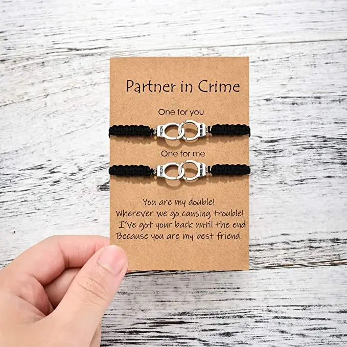 

Partner in Crime Handcuff Charm Pinky Swear Promise Couple Bracelets with Make a Wish Card, Multi-colors/accept custom colors