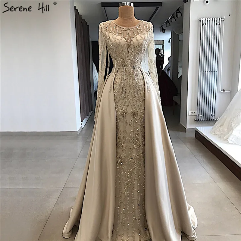 

Champagne Muslim O Neck Mermaid Evening Formal Dresses 2021 Serene Hill LA70174 Long Sleeves Long Party Gowns For Women