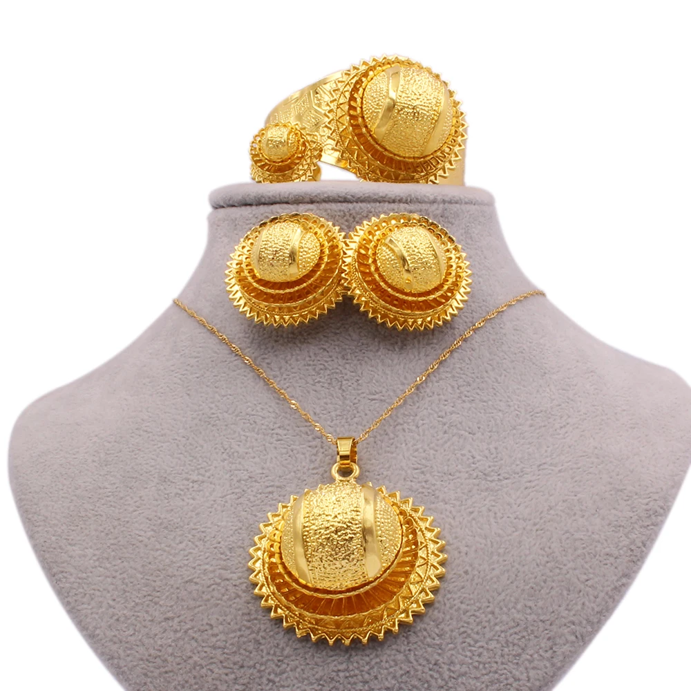 

Dubai 24K gold plated Big Jewelry Set Wife gifts Bride Wedding Ethiopia Necklace earrings bracelet ring Hairpin set for women