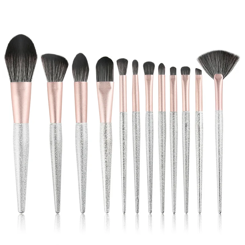 

12PCS Frosted Silver Makeup Brush Set Conical Plastic Powder Eye Shadow Foundation Brush Cosmetics