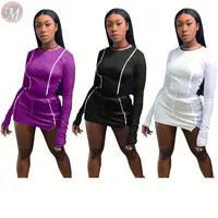 

9111110 best design solid long sleeve side stripe mini skirt club Clothing Women Two Piece Sets