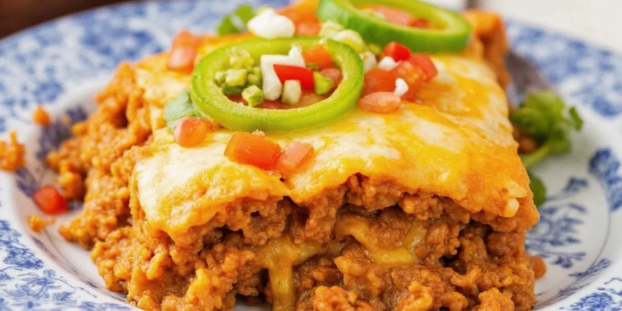 Taco enchilada casserole with colorful garnishes