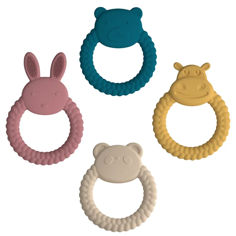 

Organic Natural Nontoxic BPA Free Cute Rabbit Animal Handle Toys Food Grade Infant Soft Silicone Teether Rings