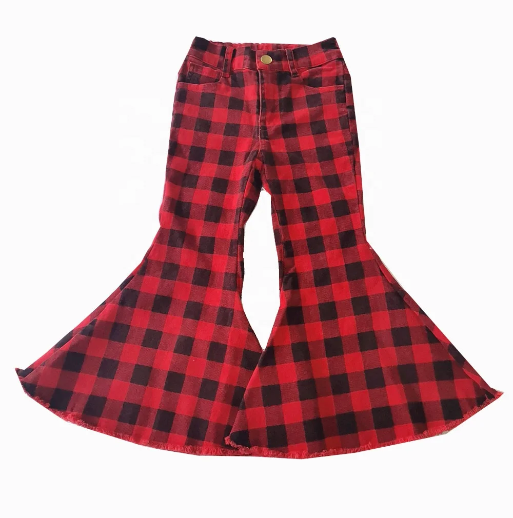 

High quality factory wholesale cowboy pants kids black and red buffalo plaid jeans bell bottom, Picture