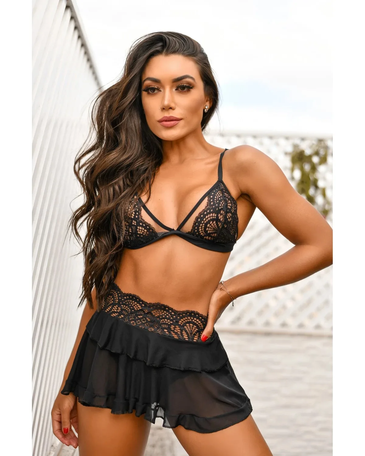 

Wholesale Solid Color Lace Transparent Mesh Hot Hollow Out Sexy Women Two Piece Lingerie Underwear Set, Picture shows