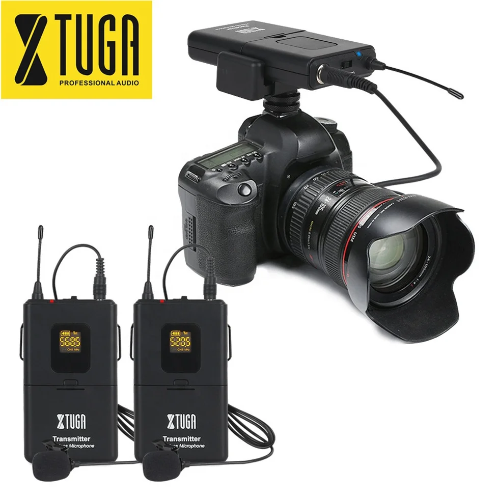 

xtuga professional studio for interview lavalier lapel condenser mic set with wireless camera recording microphone system