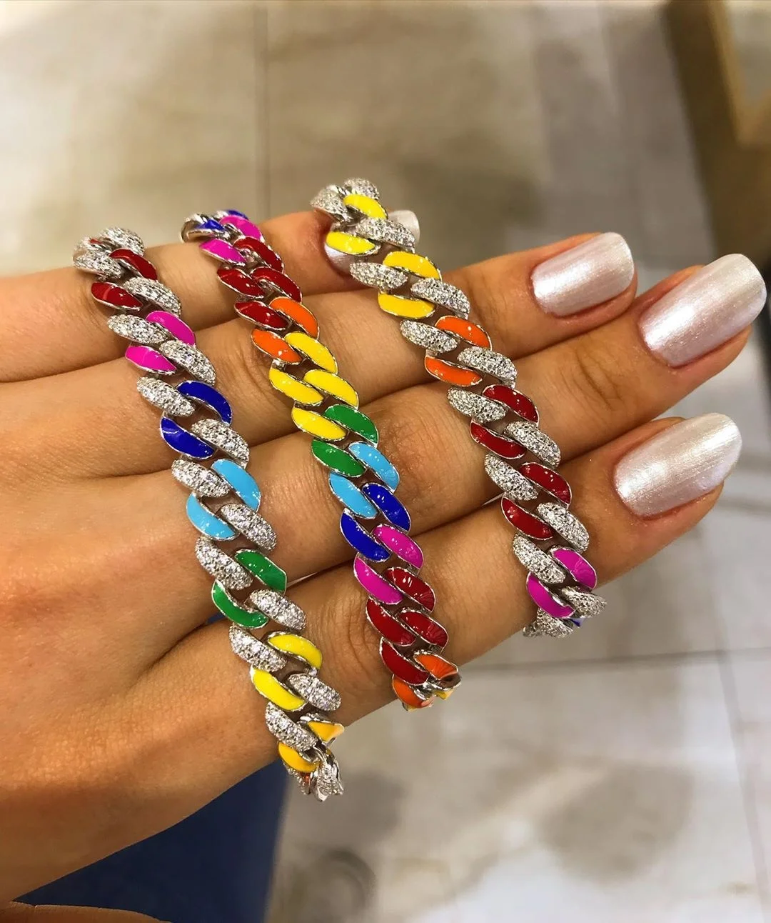 

new arrived fashion hip hop women jewelry rainbow blue enamel cuban link chain bracelet, Rose gold