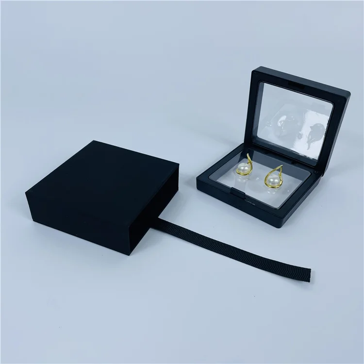 Black Soft Touch Paper Jewelry Packaging Drawer Box With Transparent Plastic Jewelry Box