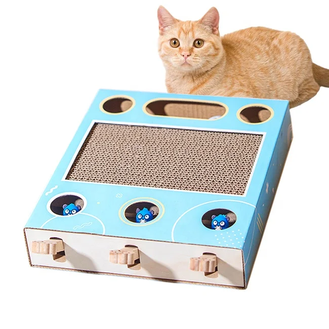 

Ecofriendly Cardboard Cat Scratcher Mat 3 In 1 Bell Ball Whac-a-mole Game Interactive Cat Toys Scratcher, Blue