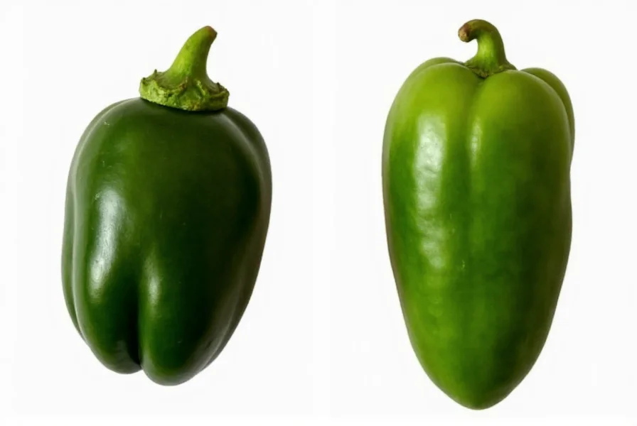 Side-by-side comparison of fresh poblano and pasilla (chilaca) peppers showing their distinct shapes and colors