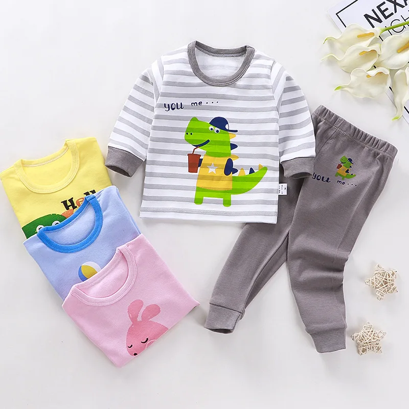 

2021 New Arrival Baby Clothes Wholesale 100% Cotton Long Sleeve Casual Sleeping Underwear Baby Clothes Sets, Multi color