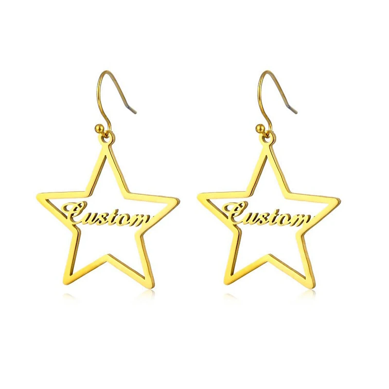 BINSHUO Wholesale Stainless Steel Jewelry Personalized Customize Star Shaped Gold Plated Filled Name Letter Logo Hook Earrings