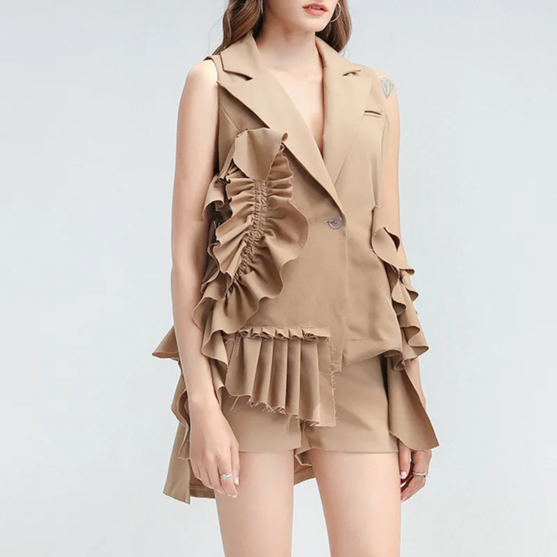 

A4265 2020 New Khaki Sleeveless Asymmetric Ruffles Women Outfits 2 Piece, Black