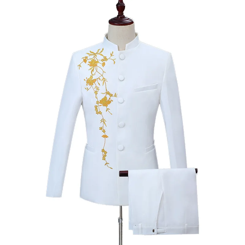 

Custom Trending Skinny Homme Embroidered Stand-up Collar Chinese Tunic White Round Neck Stud Lapel Trouser Men's Tuxedo Suit