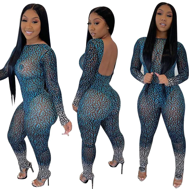 

Wholesale custom long sleeve see through backless pencil pants woman bodycon jumpsuit rompers