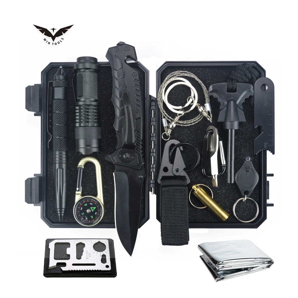 

Professional Outdoor Survival Car Emergency SOS Tool Set 13 in 1 Camping Survival Kit, Black