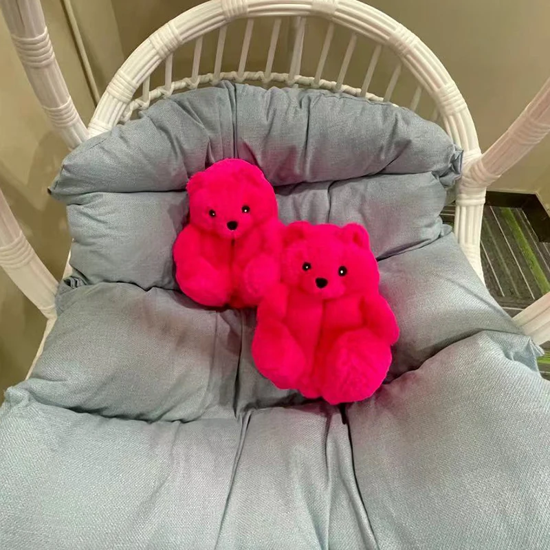 

Low Moq Amazon Hot Sale Dropshipping Women Fluffy Home Soft Slides Fashion Doll Ladies plush Rose purple teddy bear slippers, Picture