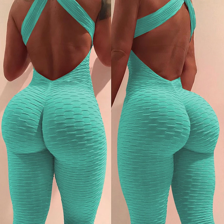 

2021 Women Backless Yoga Fitness Clothing Pants Jacquard Pattern Booty One Piece Women Jumpsuits, 14 colors