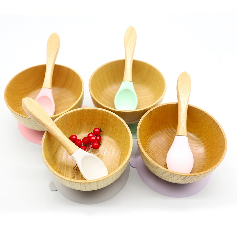 

best price infant feeding bowl wooden bowls with silicone suction base natural oganic baby food bowl with spoon and folk, Burlywood