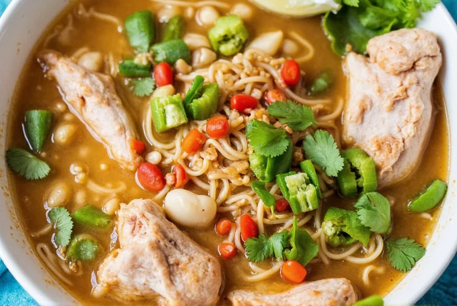 Final homemade chicken noodle pho soup ready to serve