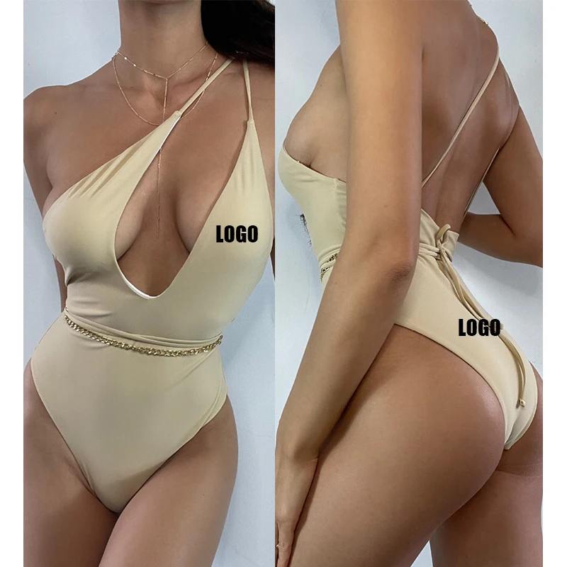 

Free Shipping OEM Custom Amazon New Women One Piece Swimsuit Solid Color Sexy Backless One Shoulder Bikini Bathing Suits