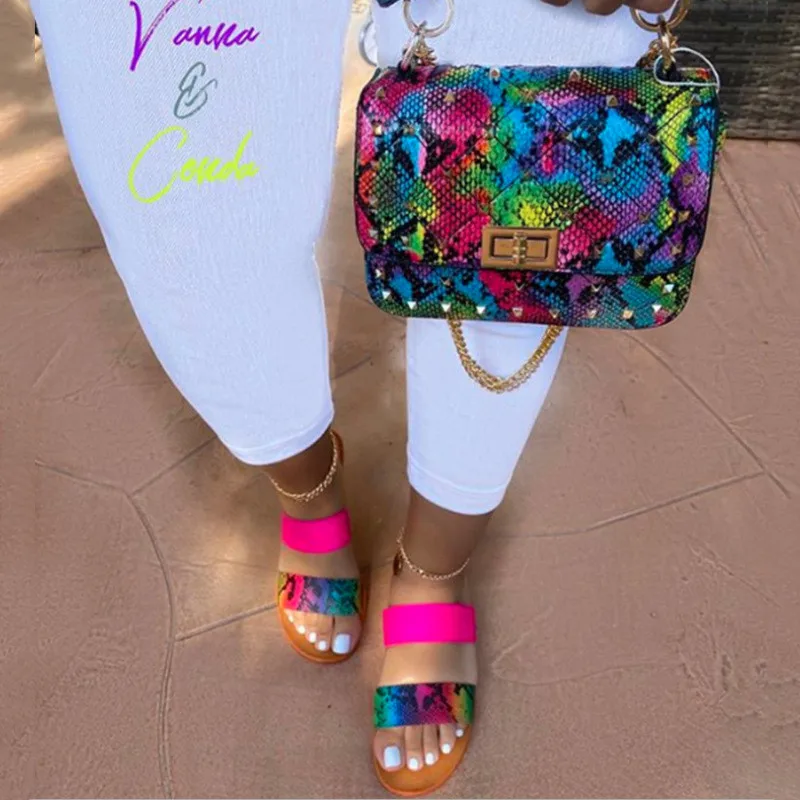 

Shoes Handbags 2021 Brand New Leisure European Style Colorful Snake Pattern Handbags Match Sandals, Multi