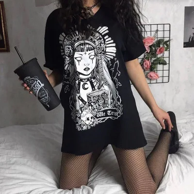 

Coldker Dark Goth T-shirt Women Punk Witch Print Short Sleeve Loose Graphic Tees Y2K Street Ins Chic Fashion Sexy Tumblr Clothes, As show