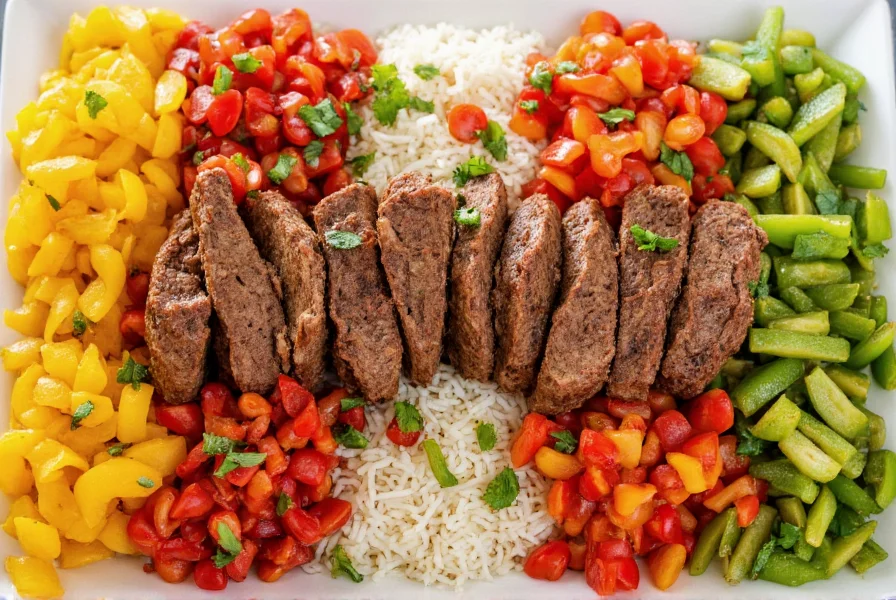 Colorful variation of pepper steak with rice showing different colored bell peppers, beef strips, and garnishes