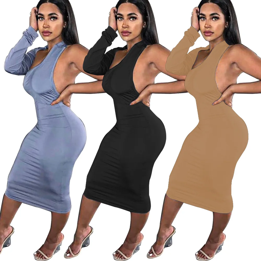 

2021 New Summer Sexy Casual Stylish Fashionable Long Sleeve Halter Jersey Dresses Solid Dress Trending Products Ladies Clothing, Picture color