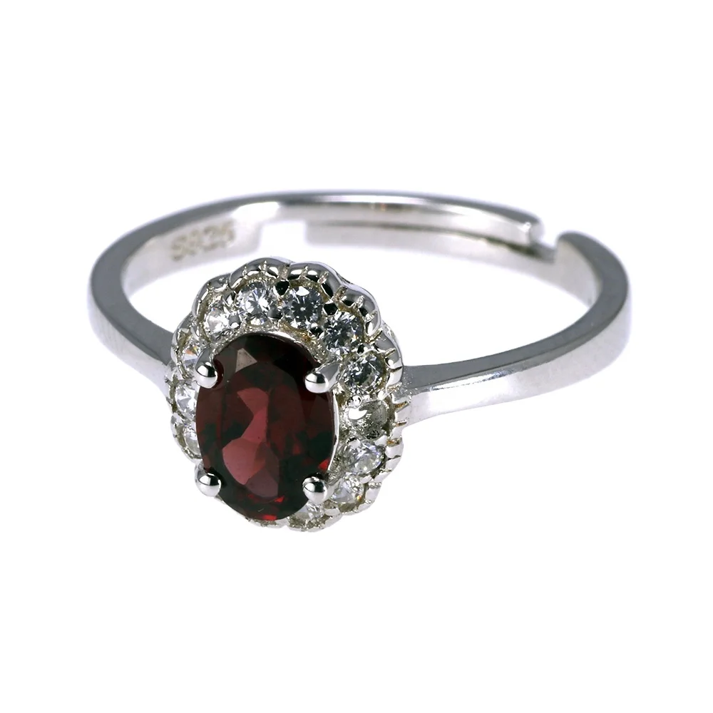 

Real Pure Sterling Silver Jewelry 925 Ring Women Oval Garnet Gemstone Ring Designs Elegant Resizable Opening Type Custom