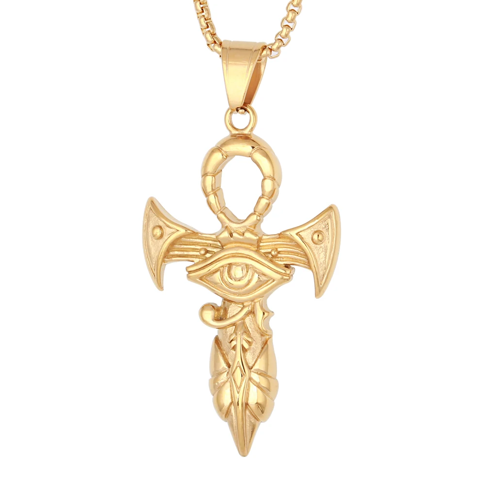 

Wholesale Custom Ancient Egyptian Religion Jewelry Stainless Steel Gold Plated The Eye of Horus Ankh Pendant Necklace