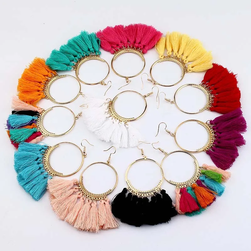 

Wholesale Handmade Tassel Earrings Jewelry ,Big Hoop Ring Pendant With Colorful Tassel Fashion Earring For Women
