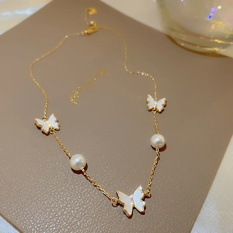 

fashion trendy pearl butterfly choker pendent necklace