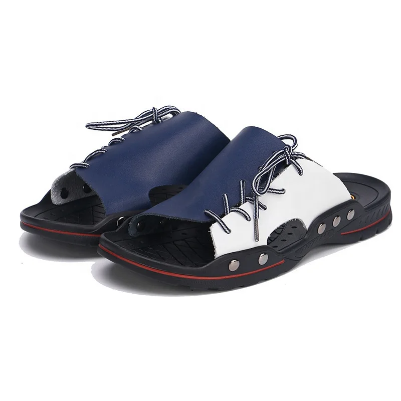 

2021 spring and summer new color matching style lace-up decoration men's slippers European and American large size wholesale, White,black,blue,full black