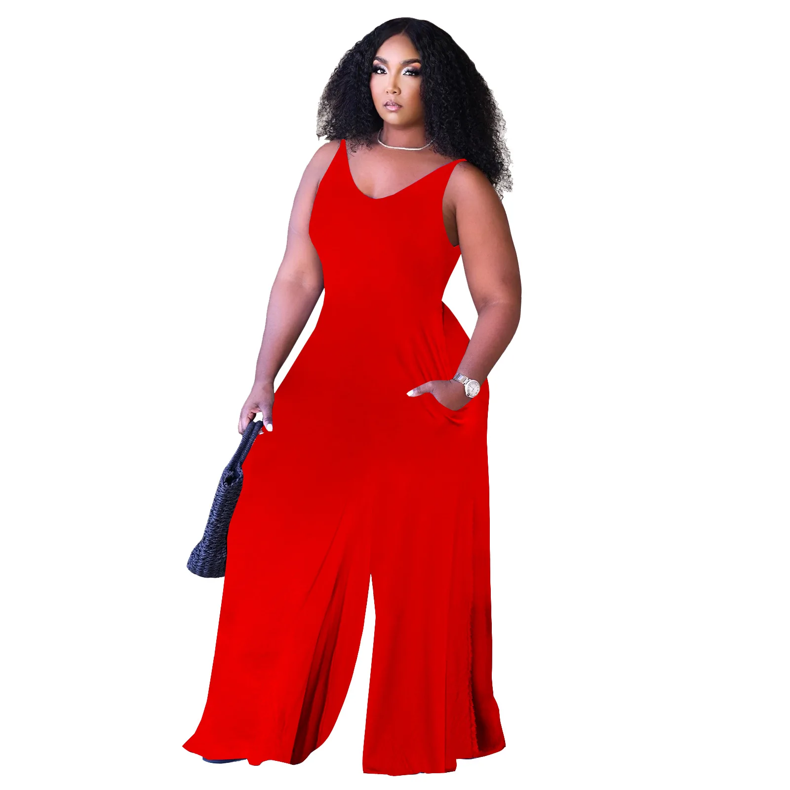

Sexy Pure Color Straps Top Broad-Leg Nightclub Plus Size Jumpsuit One Piece Jumpsuit, As picture
