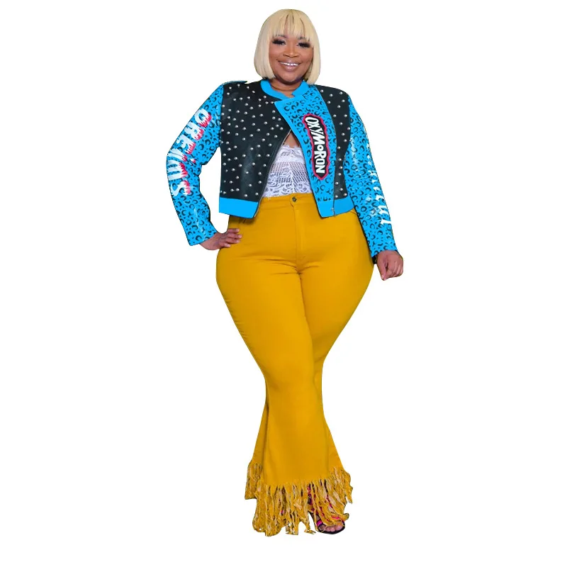 

2021 Wholesale Fashion Rivet Girls Blue Short Leather Jacket Pu Rivet And Sequin Printed Denim Jacket For Women