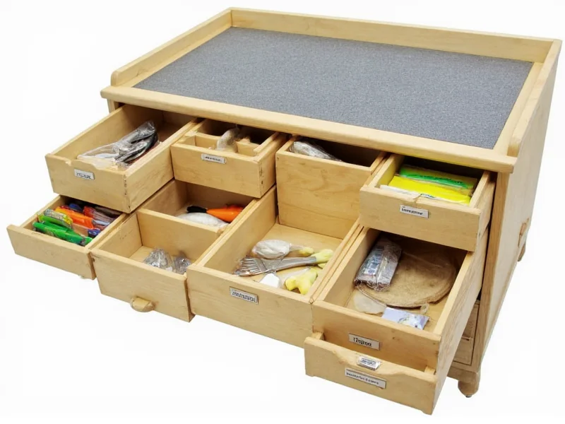 Craft storage table with labeled organizational compartments