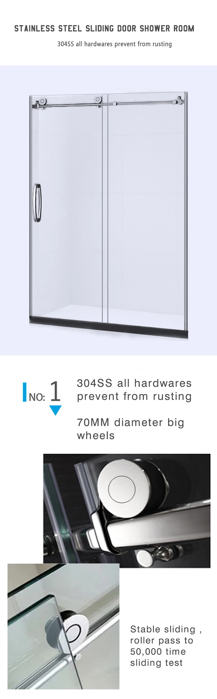 KEZE clean frameless  Hardware  sliding door rollers tempered glass shower door for bathroom