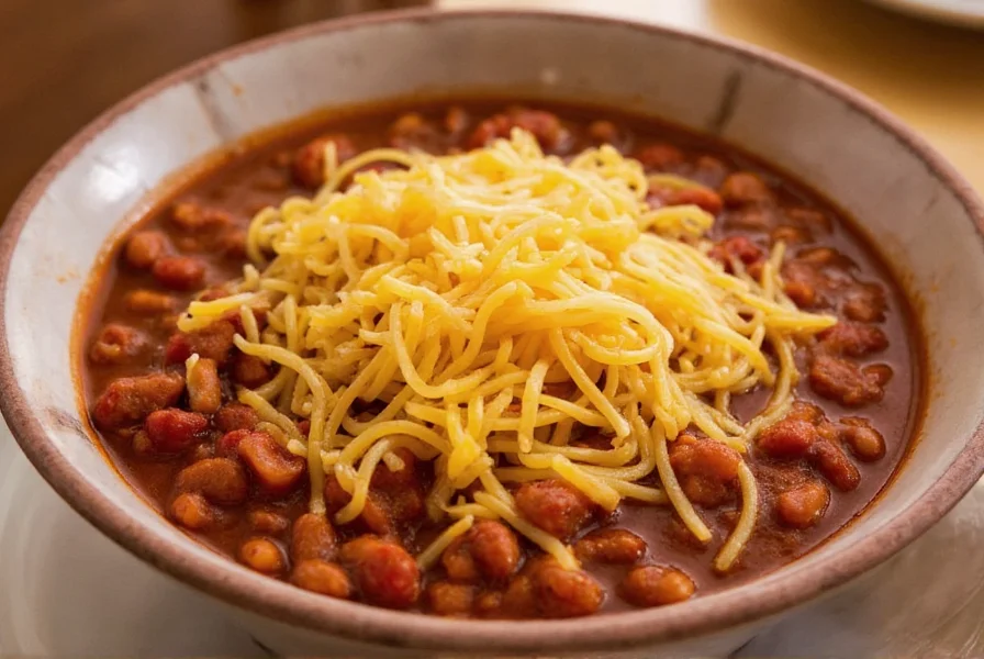 Authentic Cincinnati Skyline Chili spaghetti served in a traditional bowl with cheese melted over spaghetti and chili