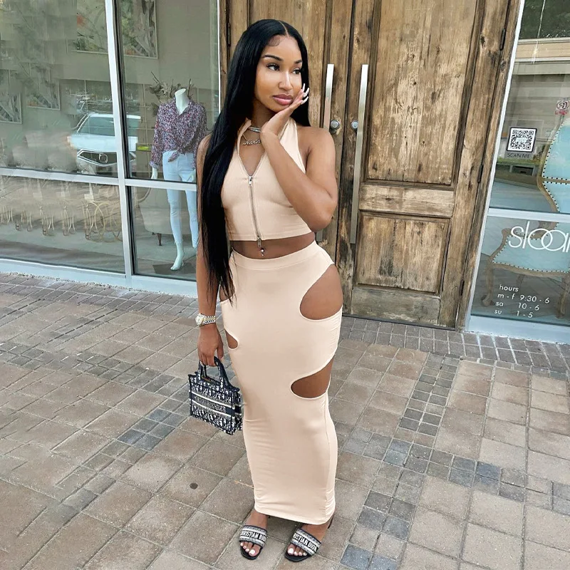 

XUQING Wholesale 2021 summer casual solid two piece zipper up sleeveless top hollow out maxi dresses set for women, Photos show