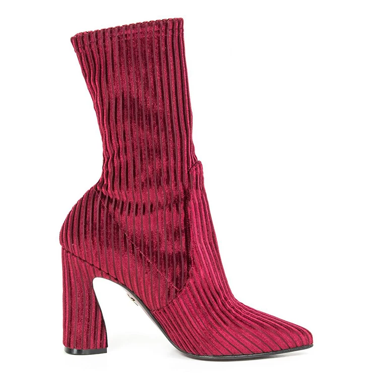 

High quality elastic corduroy fabric girls high heel ankle boots slip on chunky heel ankle boots for women