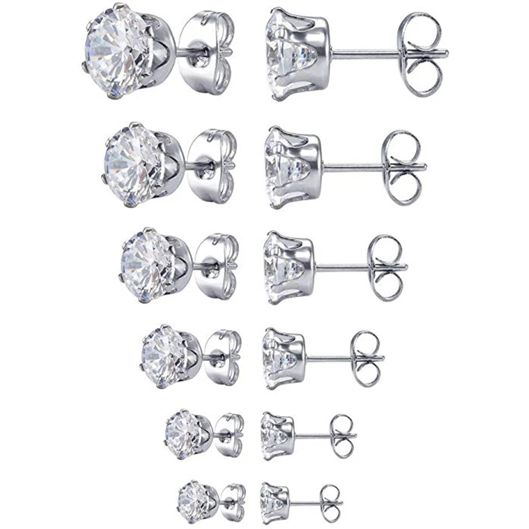 

6 Pairs Set Women's Stainless Steel Round Clear Cubic Zirconia Ear Stud Earring Set
