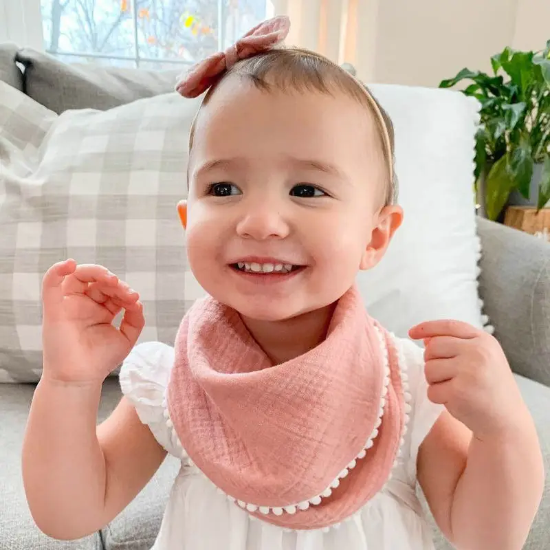 

Hot Sale Soft Cotton Baby Bib Double Layer Gauze With Small Pompom Infant Feeding Bib