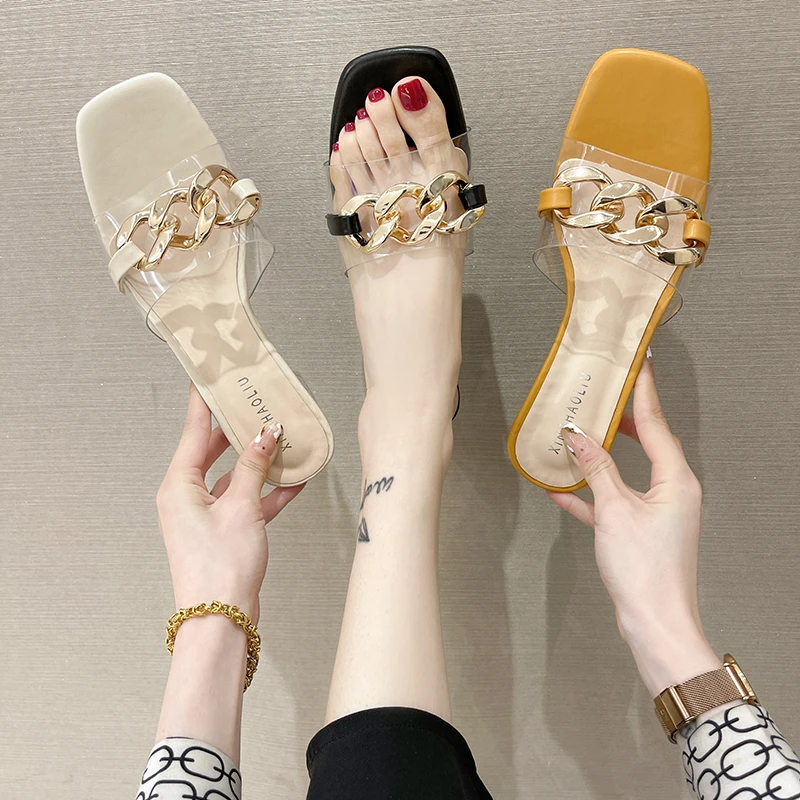 

slipper latest 2021 summer new fashion square transparent metal chain open toe thick heel casual simple party women's sandals